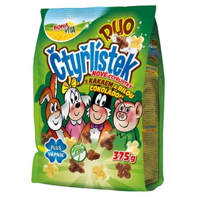 Bona Vita CEREÁLIE Čtyřlístek DUO 375g KAKAO a BÍLÁ ČOKOLÁDA + vápník