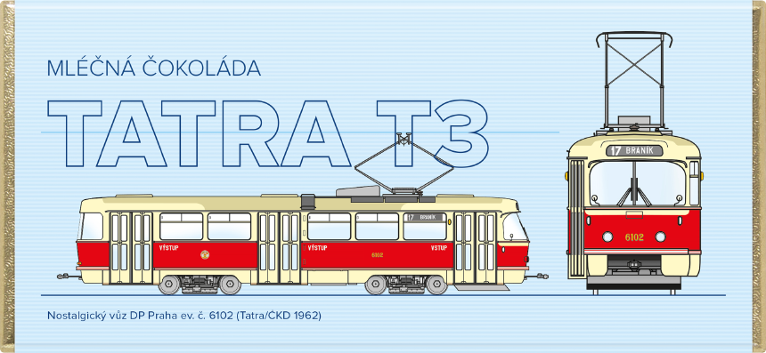 Čokoláda RETRO 100 g Pražská TRAMVAJ T3 -Nostalgický vůz Tatra/ČKD 1962 - mléčná