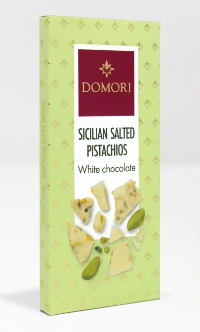 DOMORI bílá čokoláda 75 g se SOLENÝMI PISTÁCIEMI