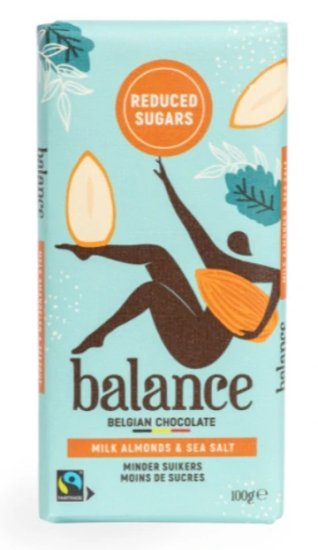 Belgická čokoláda BALANCE 100 g BEZ PŘIDANÉHO CUKRU - MLÉČNÁ s MANDLEMI a MOŘSKOU SOLÍ
