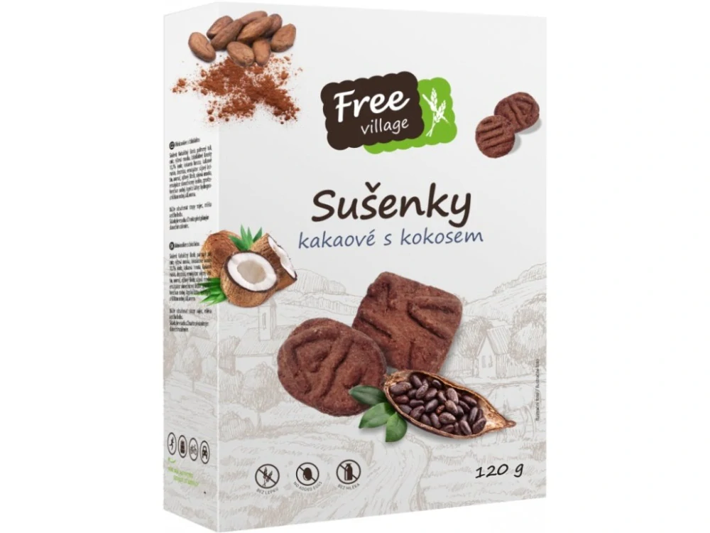 Bezlepkové sušenky FREE VILLAGE 120 g KAKAOVÉ s kokosem