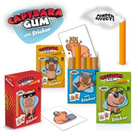 Tyčinkové žvýkačky 35 g CAPYBARA GUM + samolepka - balení 18 ks