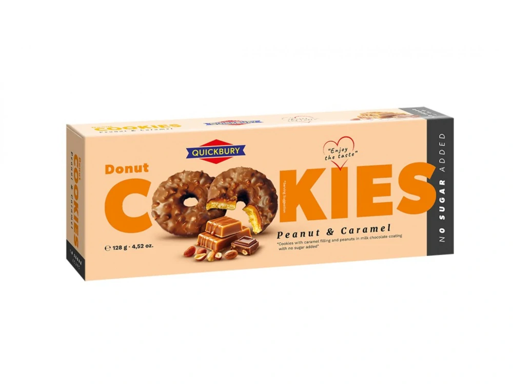 Sušenky QUICKBURY 128 g DONUT COOKIES - bez přidaného cukru - arašídy & karamel