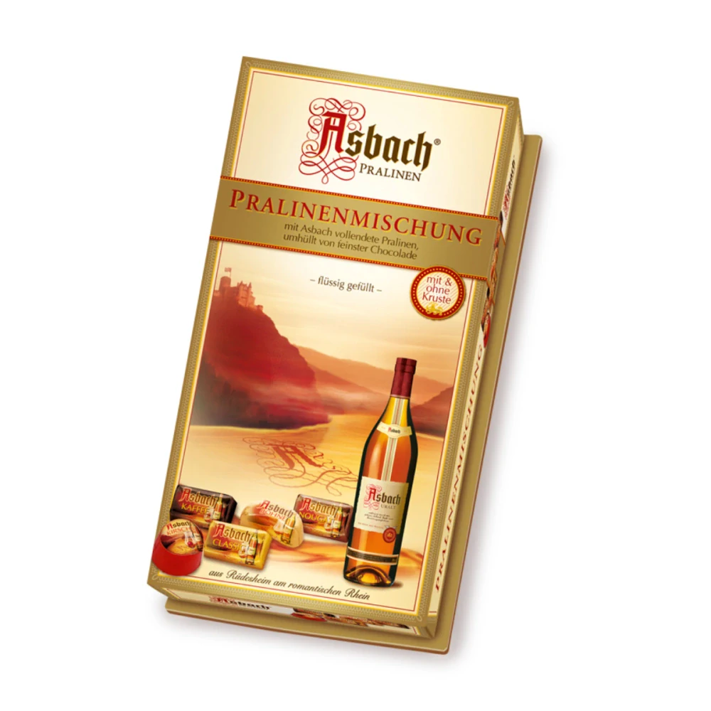 Výběr pralinek s alkoholem ASBACH 125 g z hořké a mléčné čokolády s 5-ti druhy náplní