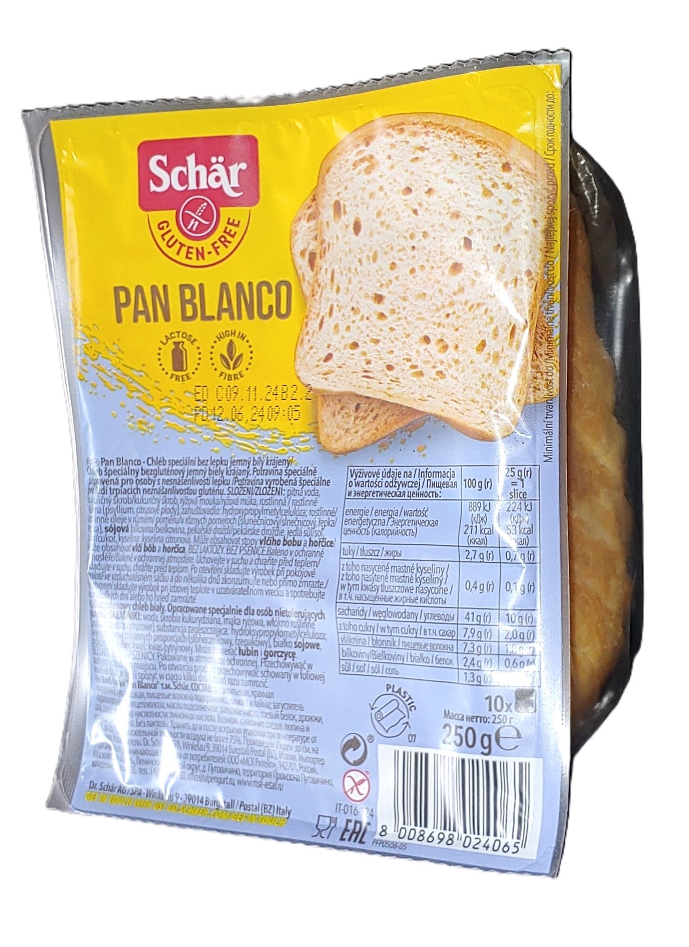 SCHAR Chléb speciální bezlepkový jemný bílý krájený PAN BLANCO | bez laktózy 250 g