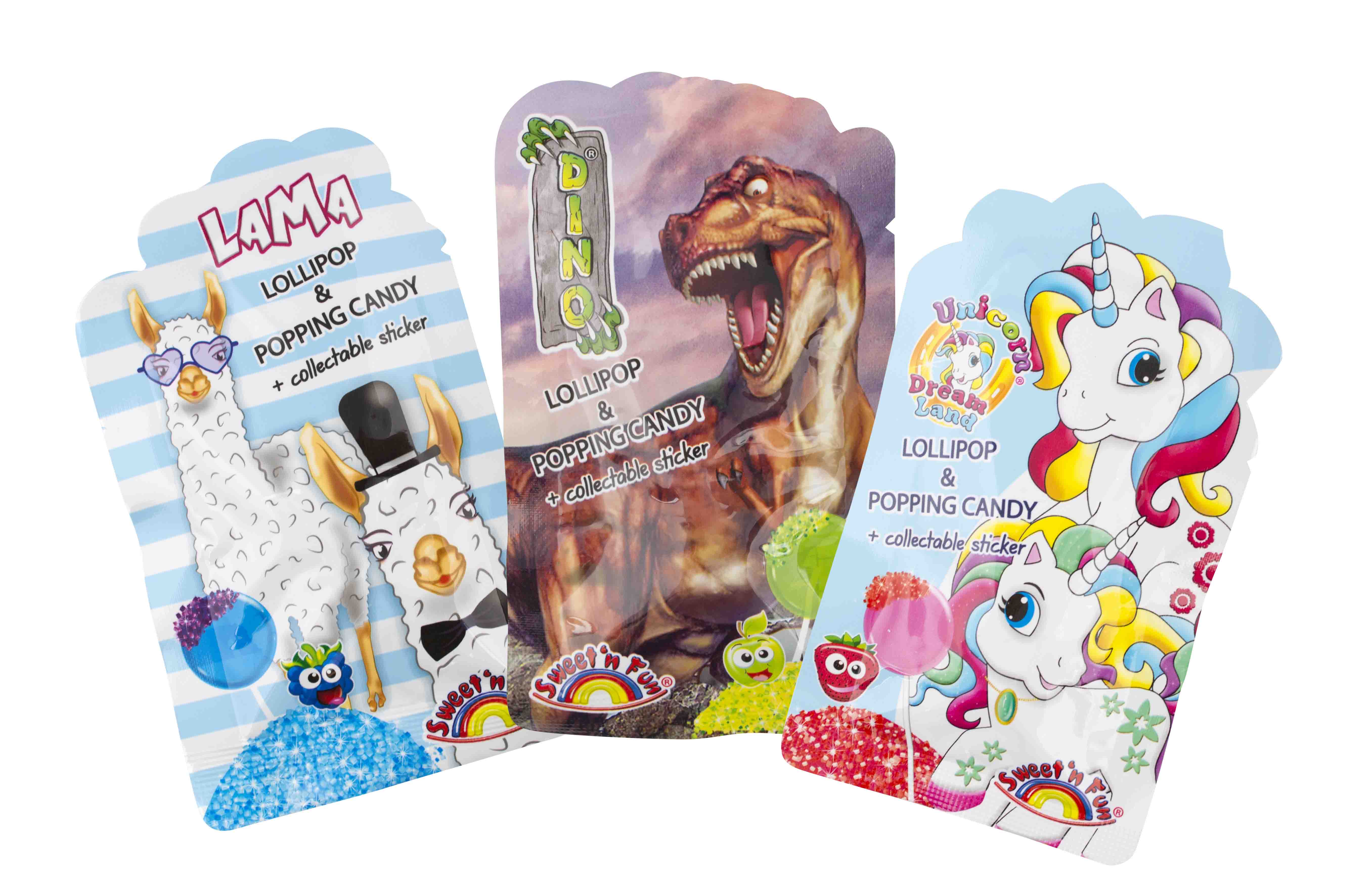 Lízátka s práskacím práškem DINO / UNICORN / LAMA + sběratelská nálepka - 1 ks - VÝPRODEJ !!! DMT: 11/2024
