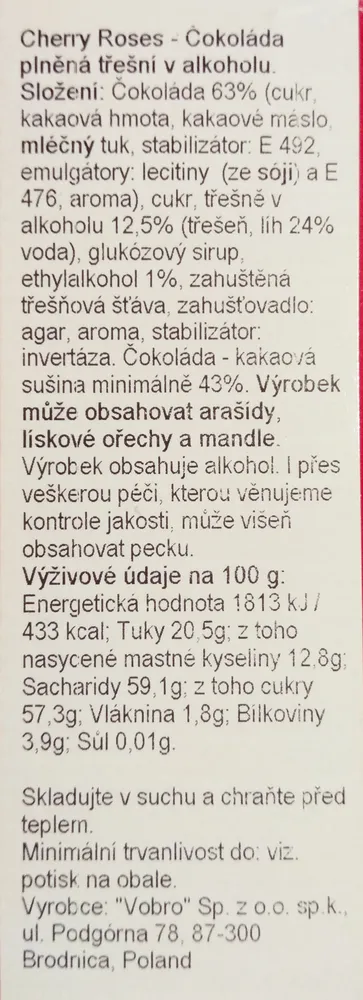 Bonboniéra Vobro CHERRY ROSES 98 g Višně v čokoládě