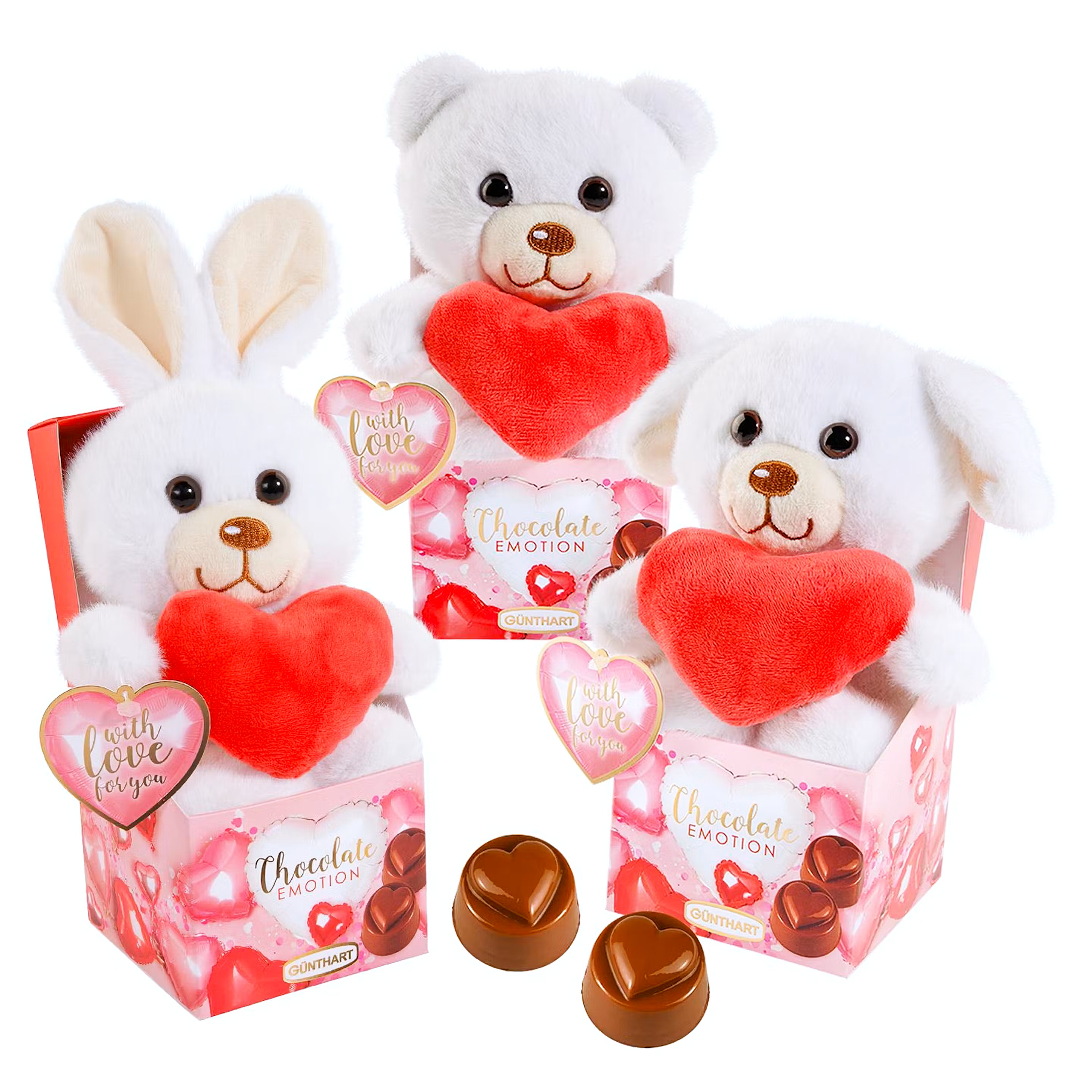 Plyšový zvířátko & SRDÍČKO + čokoládové pralinky GÜNTHART 54 g - MEDVÍDEK, ZAJÍČEK, PEJSEK