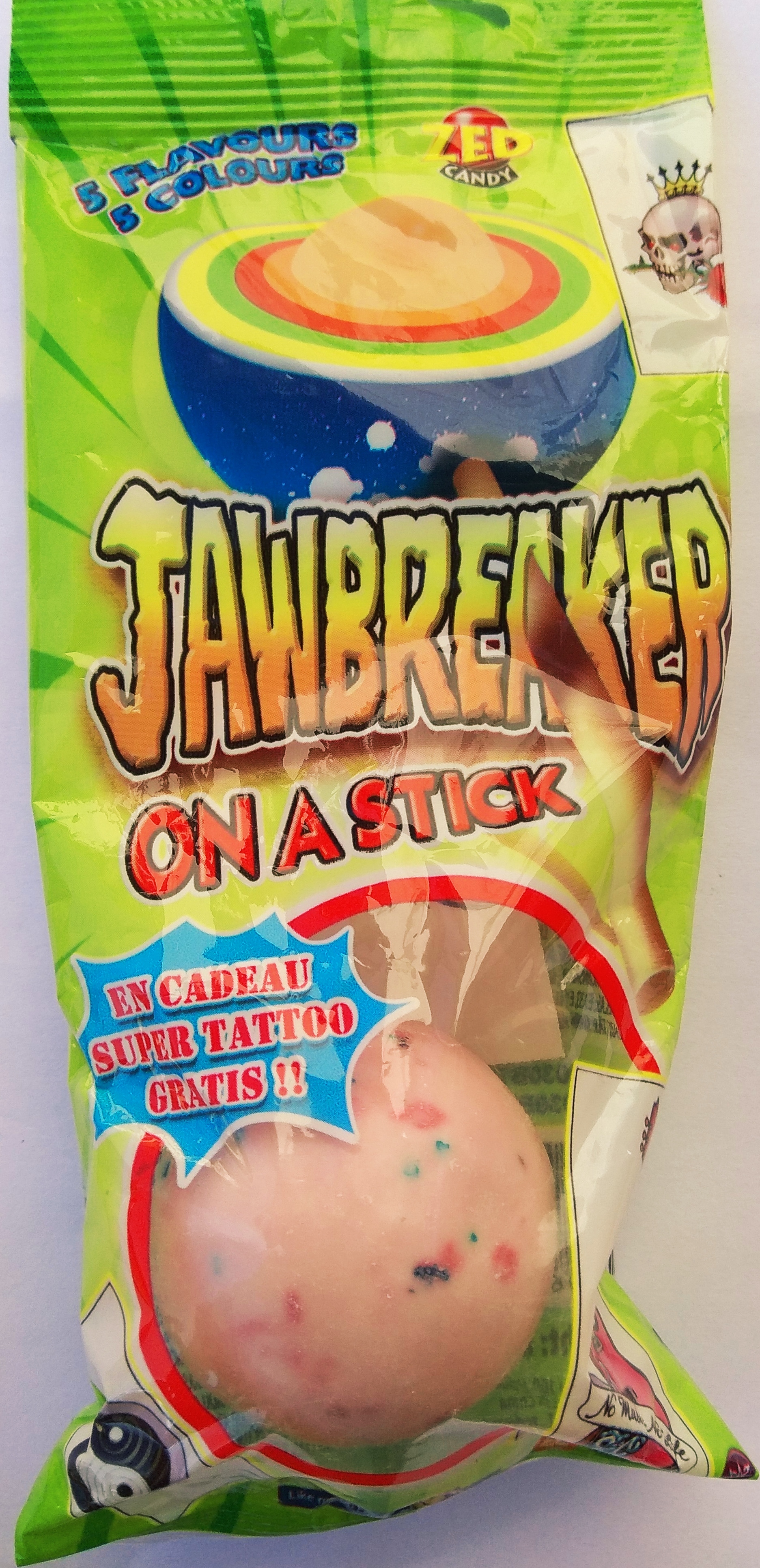 VELKÉ lízátko KOULE se žvýkačkou JAWBREAKER 60g - 5-ti BAREVNÉ s tetovačkou - VÝPRODEJ !!! DMT: 5/2025