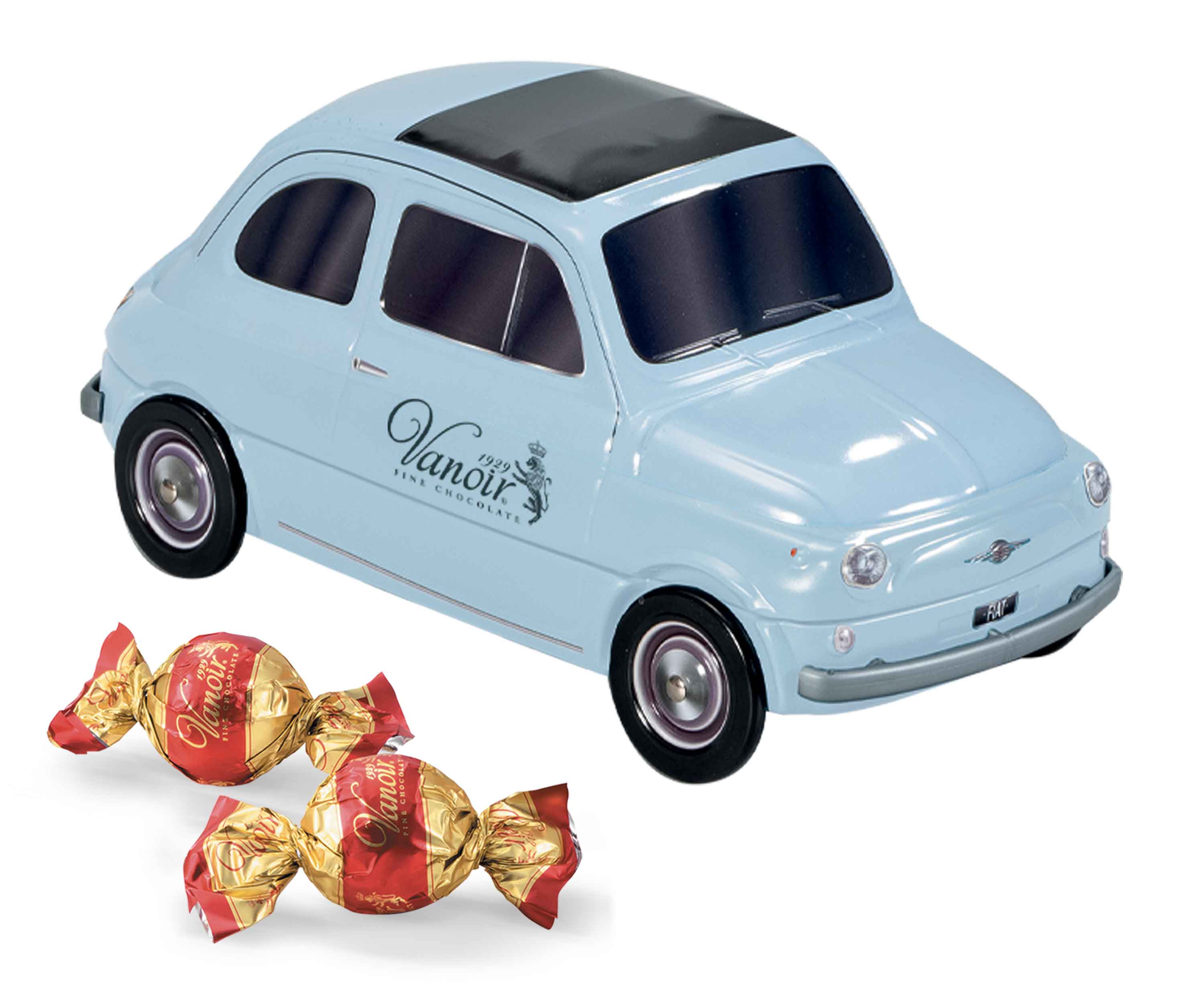 Italské pralinky VANOIR 205 g & kovové autíčko FIAT 500 - jen modré