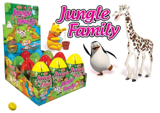Vajíčko/pokladnička JUNGLE FAMILY 10g s HRAČKOU a bonbóny