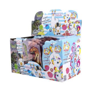 Lízátka s práskacím práškem DINO / UNICORN / LAMA + sběratelská nálepka - 1 ks - VÝPRODEJ !!! DMT: 11/2024