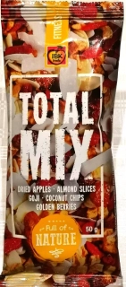 Směs oříšků a plodů TOTAL MIX 50 g FITNESS - sušená jablka, mandle plátky, kokos chips, goji berries, mochyně