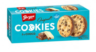 Sušenky Cookies BERGEN 135 g vanilkové s kousky hořké, mléčné a bílé čokolády