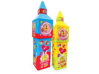 Lízátko 18 g PIN POP se žvýkačkou MIX ASSORTED - VĚŽ S HODINAMI (kovová dóza 120 ks) - MODRÉ - VÝPRODEJ !!! DMT: 1/2025