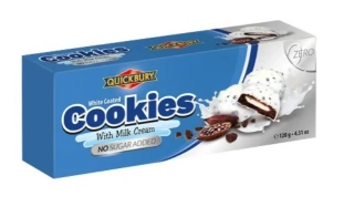 Sušenky QUICKBURY 128 g BEZ PŘIDANÉHO CUKRU - cookies s náplní v bílé polevě