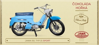 Čokoláda RETRO 100g motorka Jawa 50, typ 21 SPORT modrá - hořká