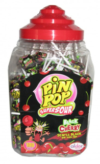 Lízátko 18 g PIN POP BLACK CHERRY super kyselé  - VÝPRODEJ !!! DMT: 3/2025