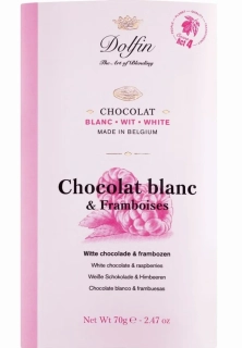 DOLFIN belgická čokoláda BÍLÁ 70g MALINY  výprodej!  DMT: 1/2025