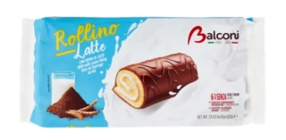 6x piškotová roláda BALCONI ROLLINO 222 g ALL LATTE - s kakaovou polevou a mléčnou náplní (6-pack)