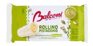 6x piškotová roláda BALCONI ROLLINO 222 g AL PISTACCHIO - s kakaovou polevou a pistáciovou náplní (6-pack)