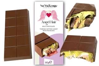 Čokoláda Angel Hair NU´MÉLANGE Cotton Candy 80 g - mléčná čokoláda s cukrovou vatou a pistáciemi - VÝPRODEJ !!! DMT: 2/2026