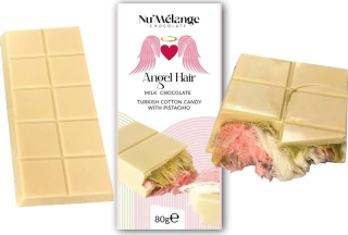 Čokoláda Angel Hair NU´MÉLANGE Cotton Candy 80 g - bílá čokoláda s cukrovou vatou a pistáciemi - VÝPRODEJ !!! DMT: 2/2026