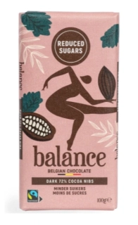 Belgická čokoláda BALANCE 100 g BEZ PŘIDANÉHO CUKRU - HOŘKÁ 72 % s KAKAOVÝMI BOBY