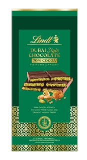 Lindt DUBAI STYLE CHOCOLATE 145 g HOŘKÁ s pistáciemi a cukrářskými nitěmi - AKCE !!!