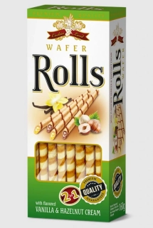 Vaflové trubičky PREMIUM ROLLS 160 g DUO - VANILKA & OŘÍŠEK