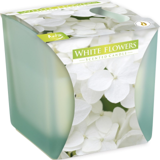 Bispol aromatická svíčka - 2 knoty - designová hranatá matná barevná sklenička WHITE FLOWERS