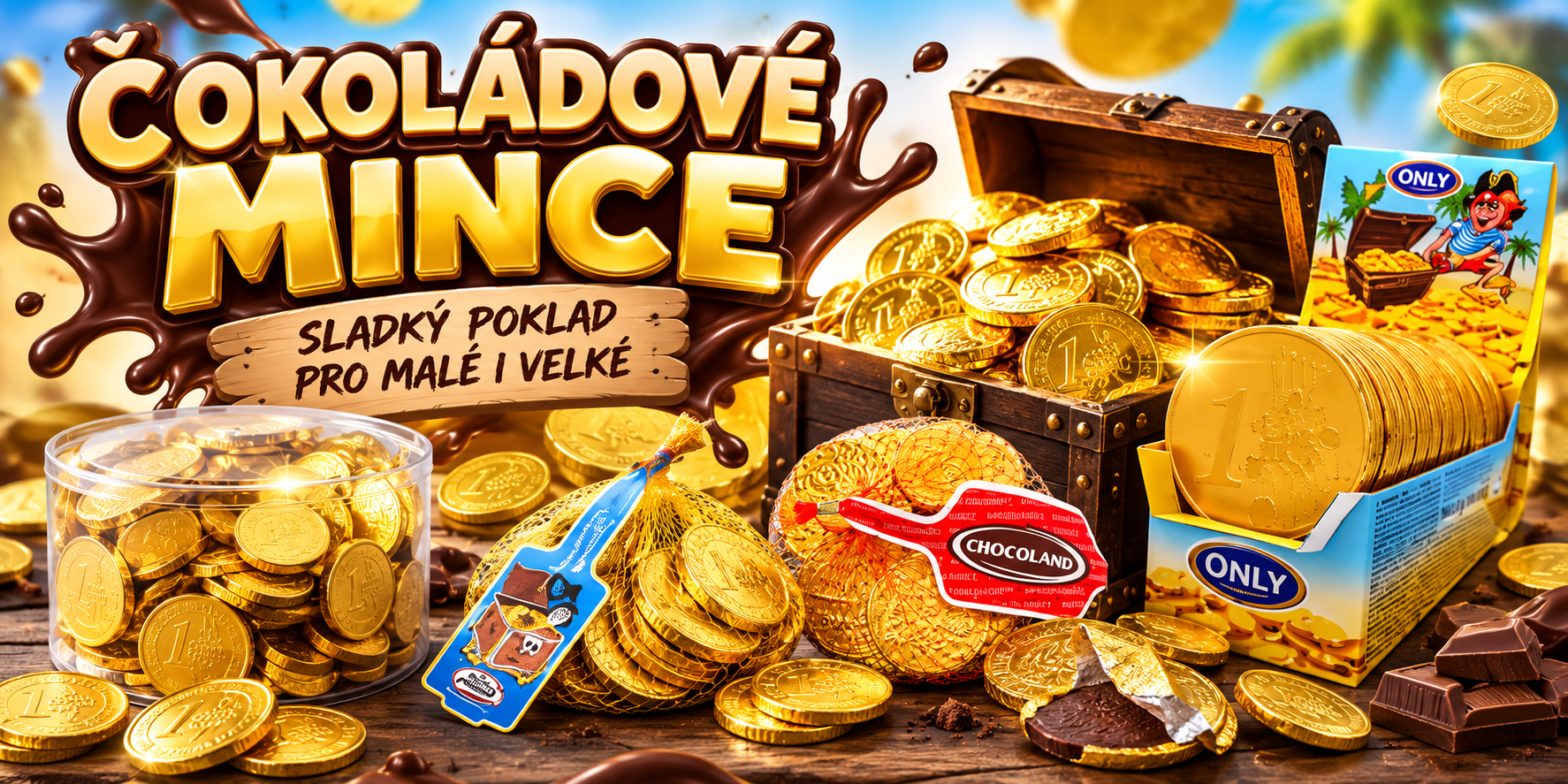 čokoládové mince a bankovky pro děti